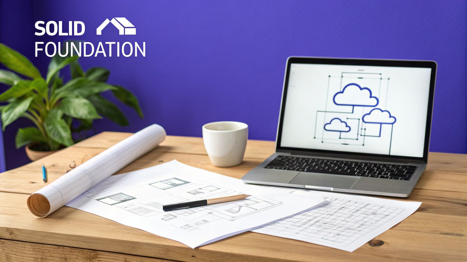A professional workspace featuring architectural blueprints, a laptop with cloud diagrams, and a 'SOLID FOUNDATION' logo.