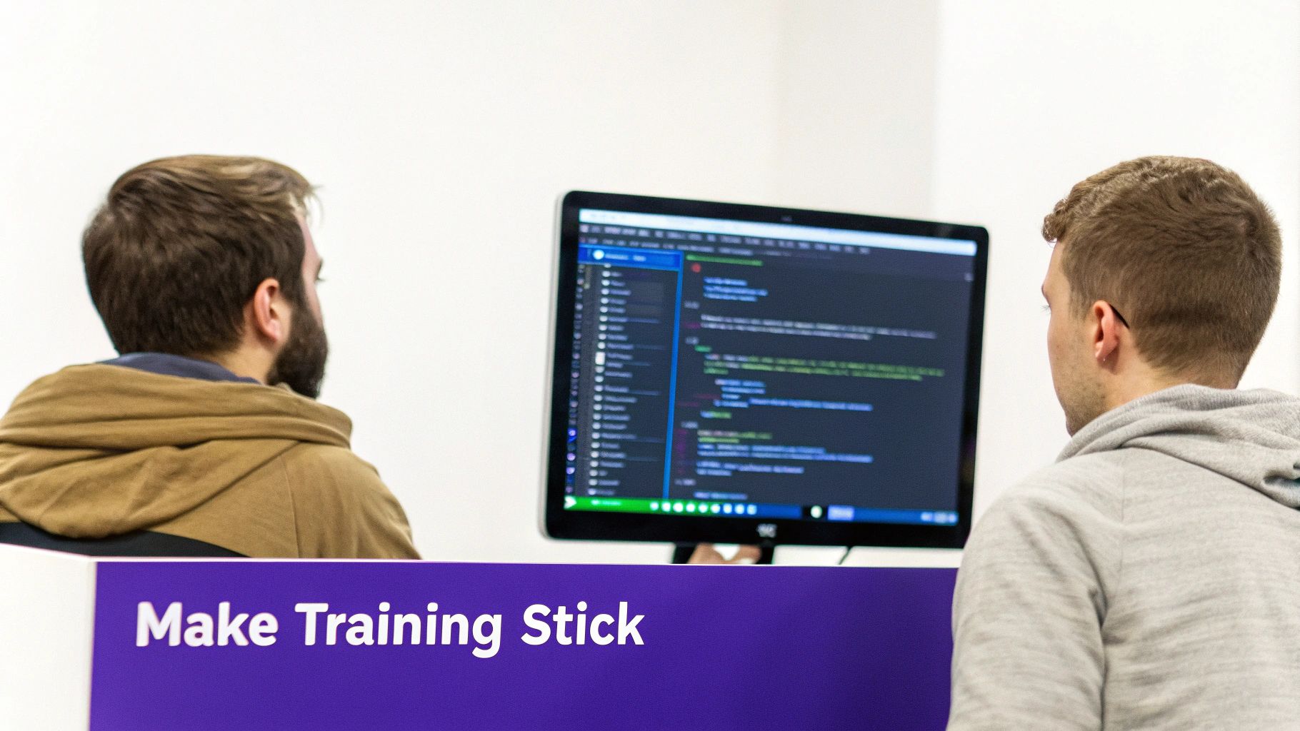 A diverse team of developers discussing a software testing course on a screen in a bright, modern office.