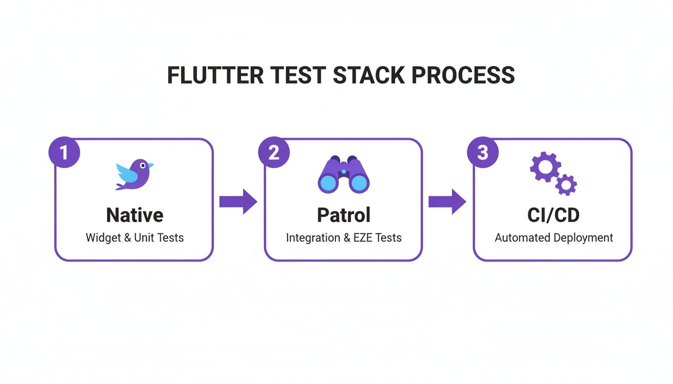 Diagram shows Flutter test stack process with three steps: Native, Patrol, and CI/CD for automated deployment.