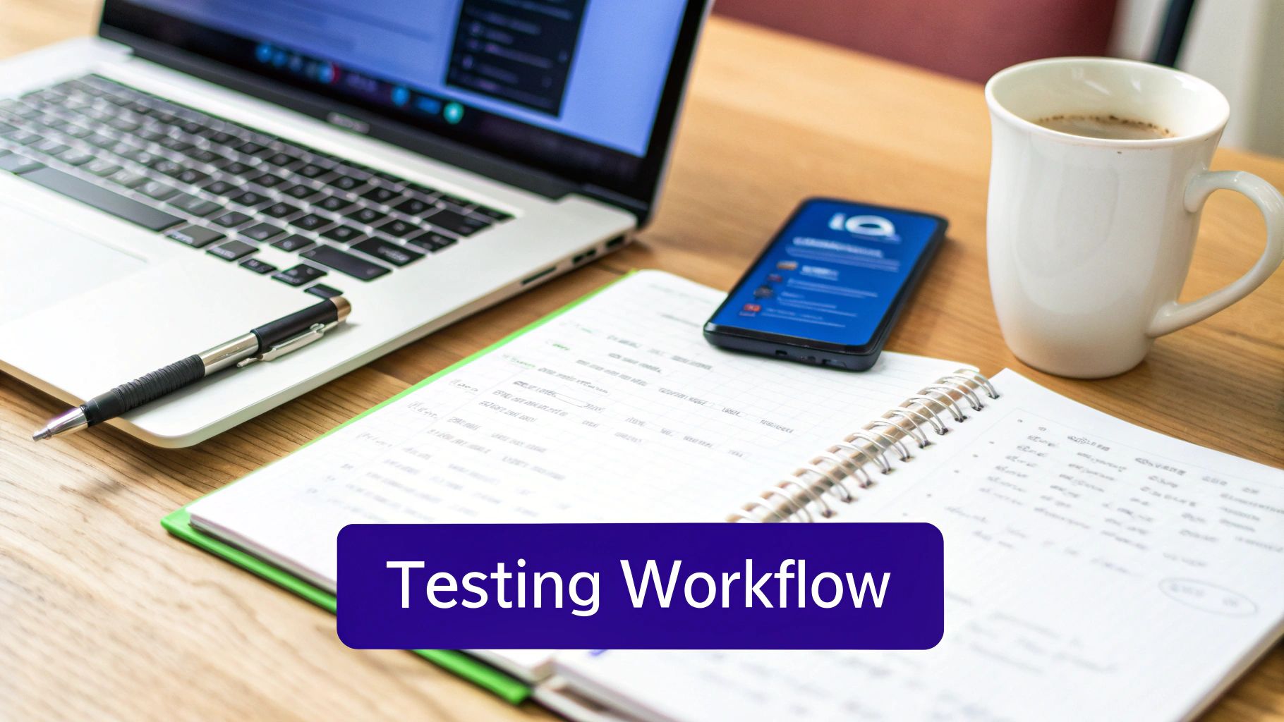 A professional workspace setup with a laptop, smartphone, notebook, pen, and coffee mug, featuring "Testing Workflow".