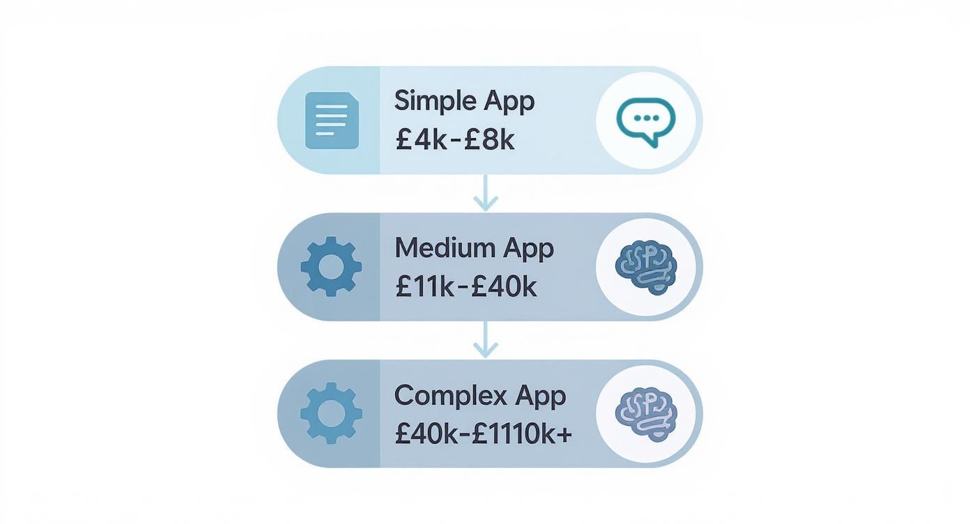 Three-tier app development pricing structure showing simple, medium, and complex applications with costs