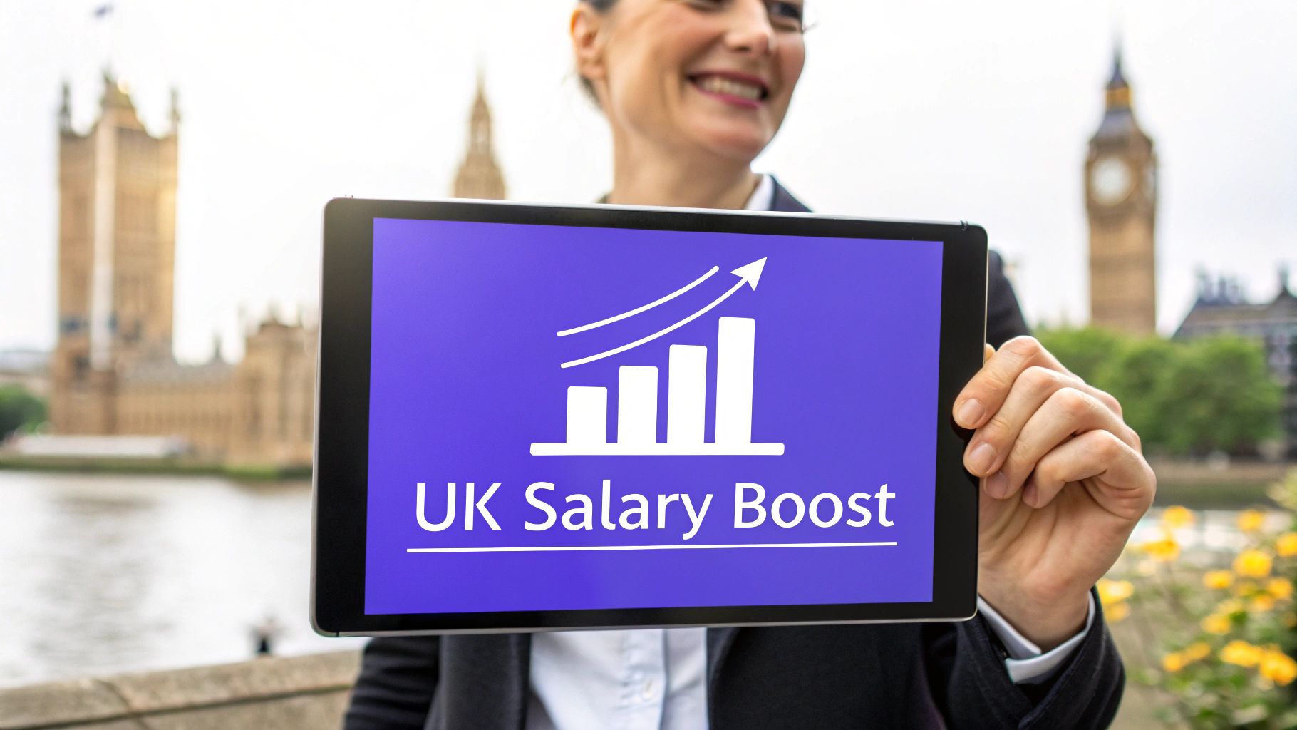 A smiling person holds a tablet displaying 'UK Salary Boost' with an upward trend graph in London.