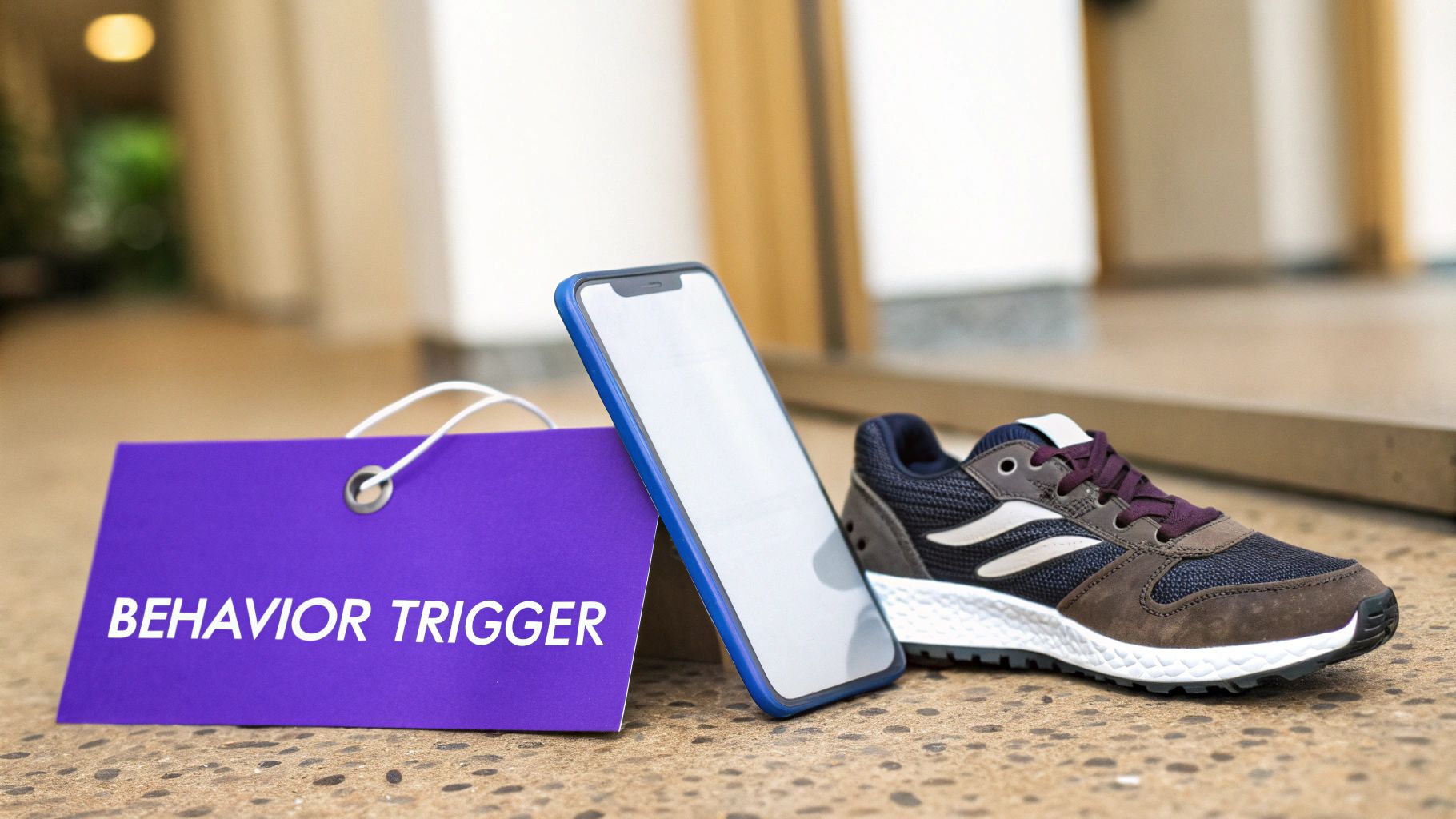 A purple tag reading "BEHAVIOR TRIGGER" next to a smartphone and a running shoe on a tiled floor.
