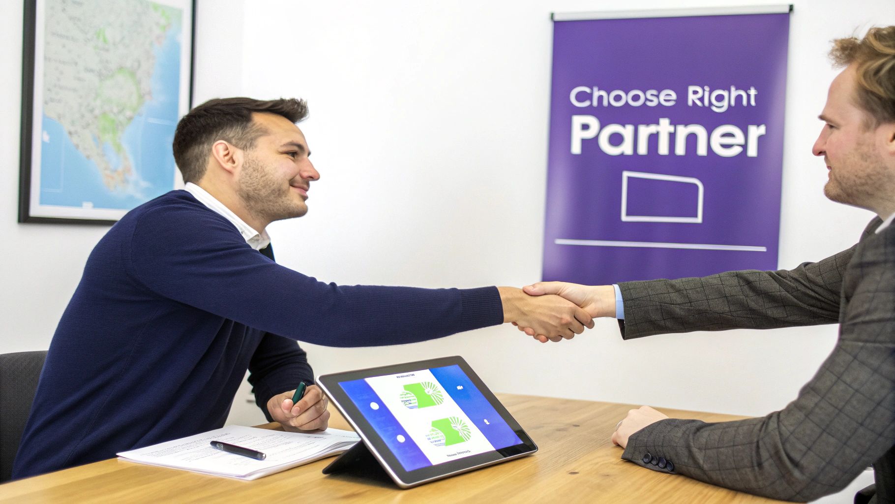 Two men shake hands across a wooden table with a tablet and a 'Choose Right Partner' banner.