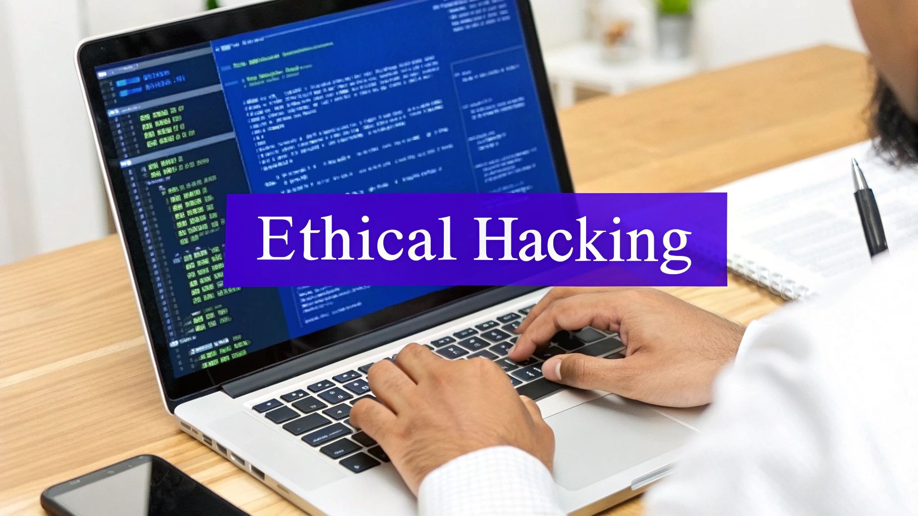 A person's hands typing on a laptop screen displaying code and a banner reading 'Ethical Hacking'.