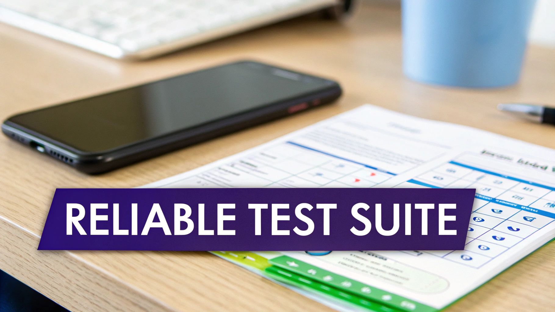 A desk with a smartphone, document, keyboard, and a banner reading 'RELIABLE TEST SUITE'.
