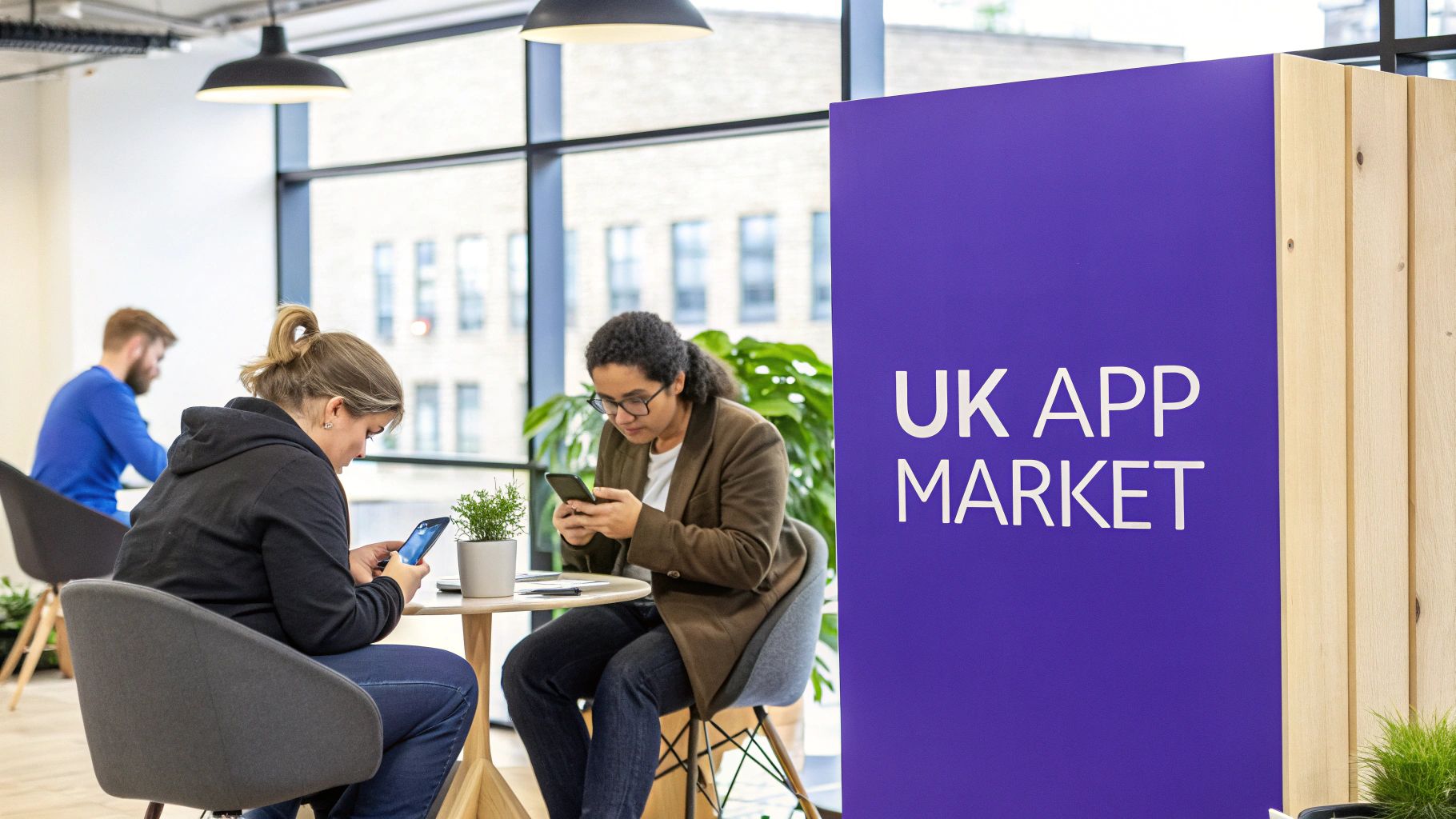Professionals discussing mobile applications in modern office with UK app market signage displayed