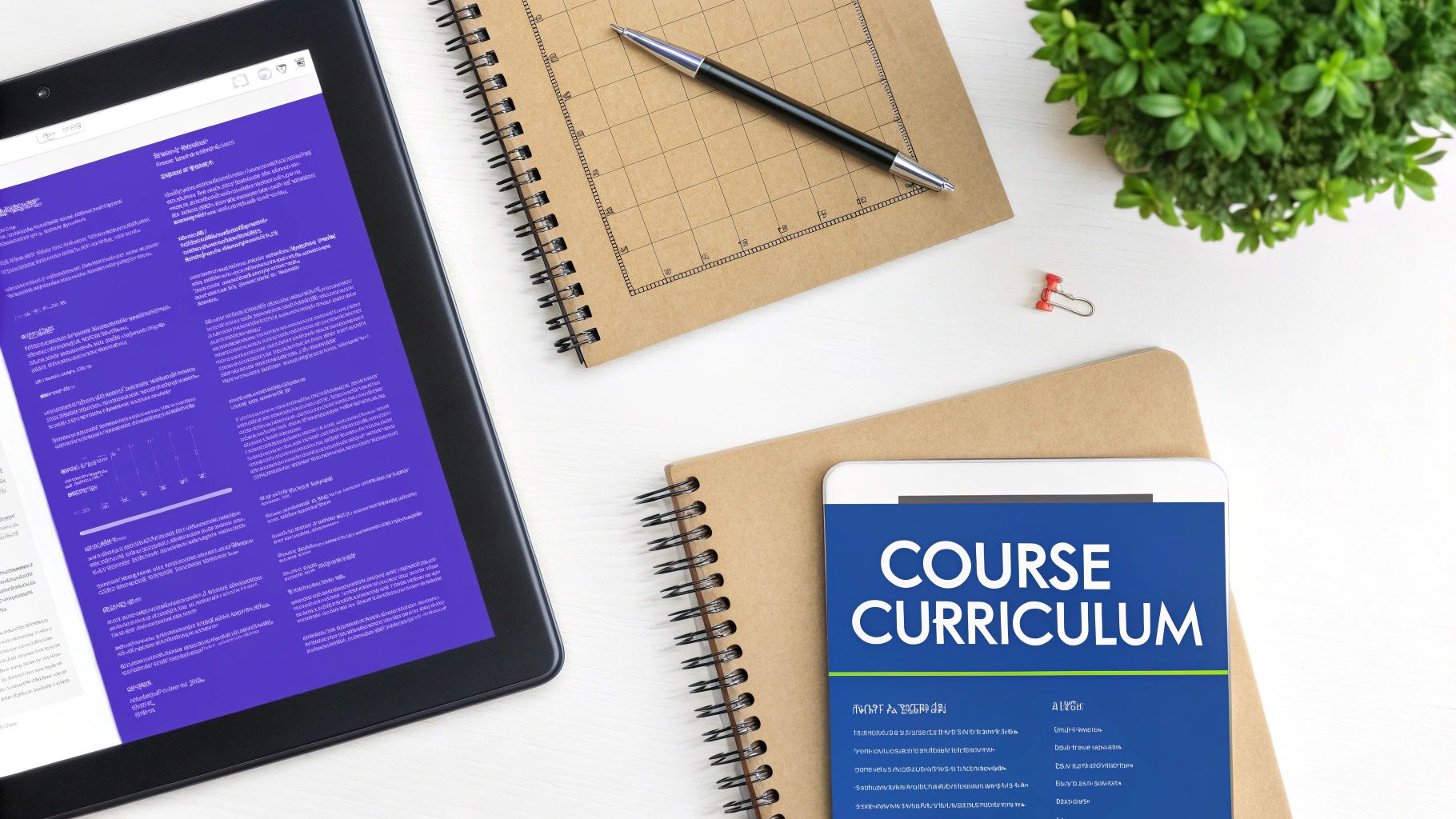 A flat lay of a study desk with two tablets, notebooks, a pen, and a plant, showcasing course curriculum.