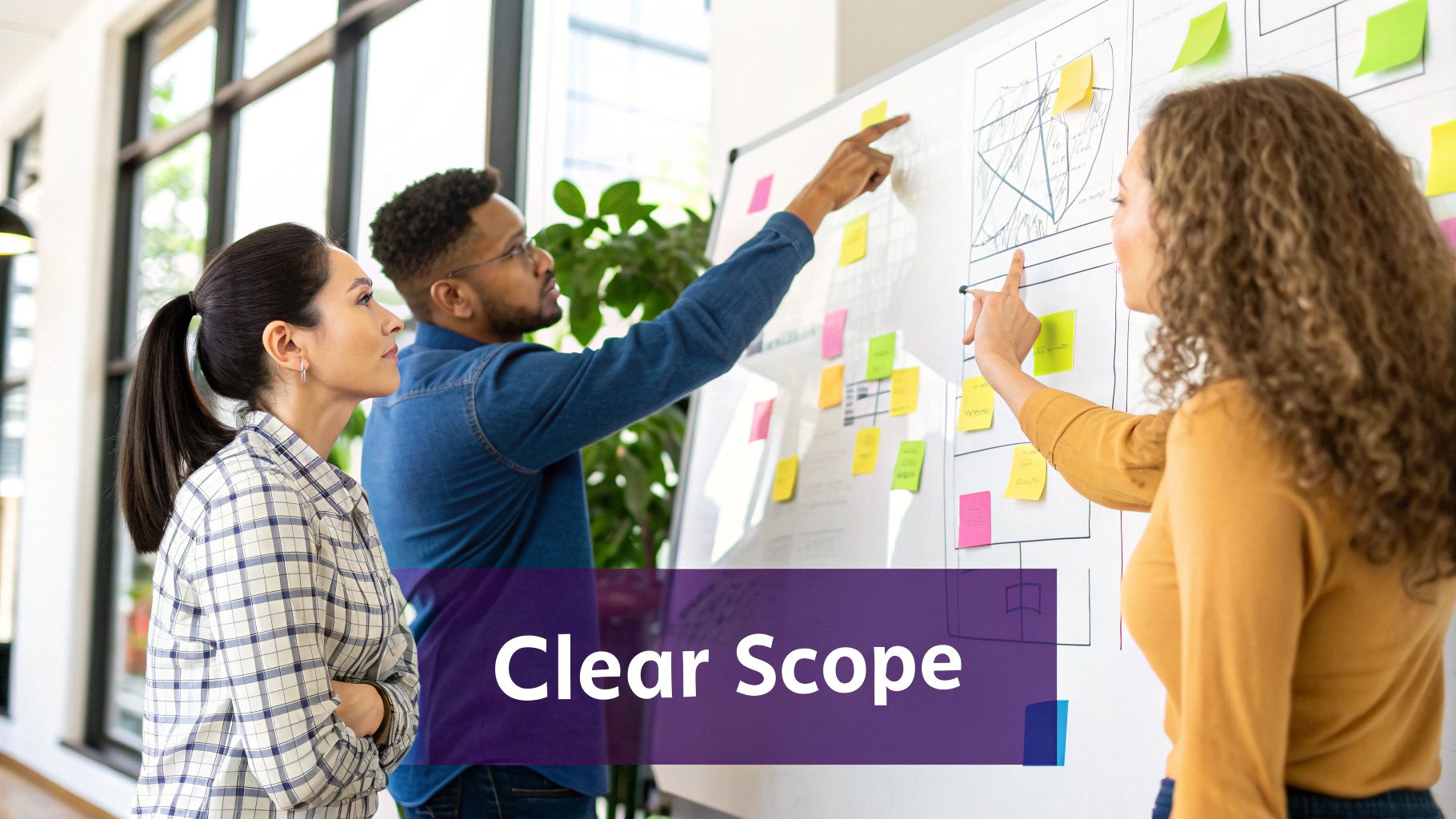 A team planning a project scope on a whiteboard with sticky notes.