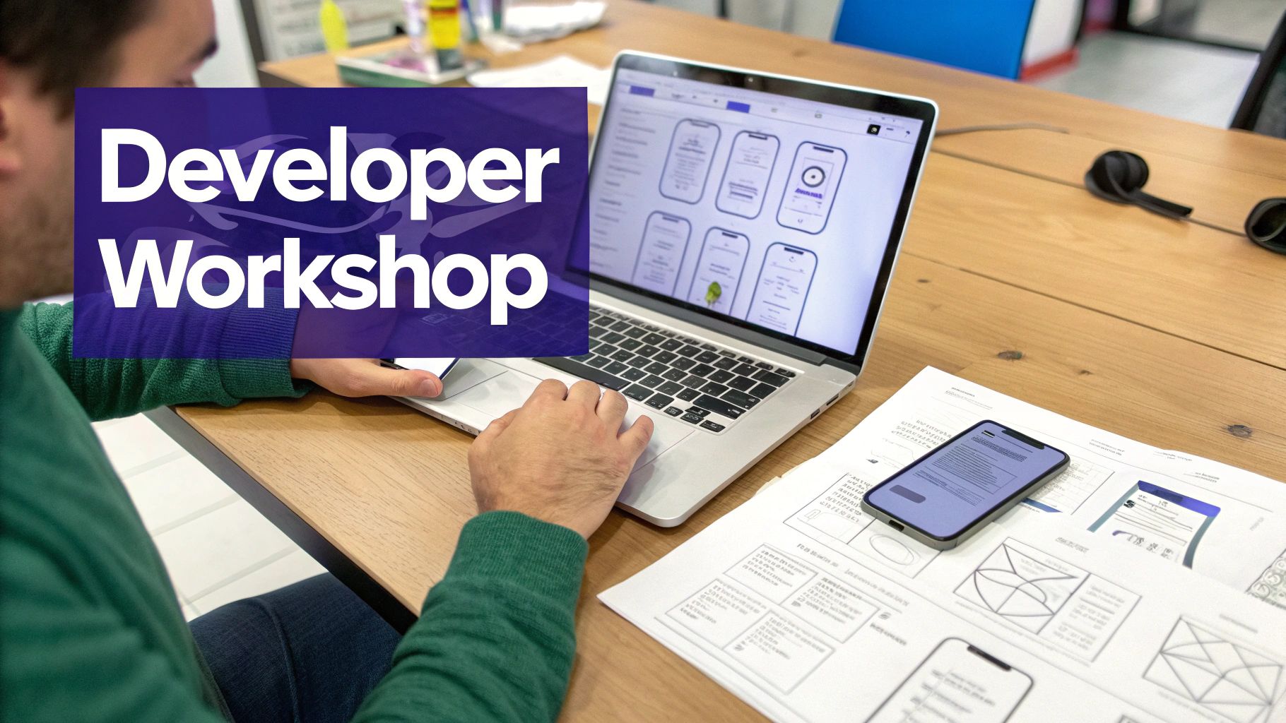 A person working on a laptop showing mobile app designs at a developer workshop.