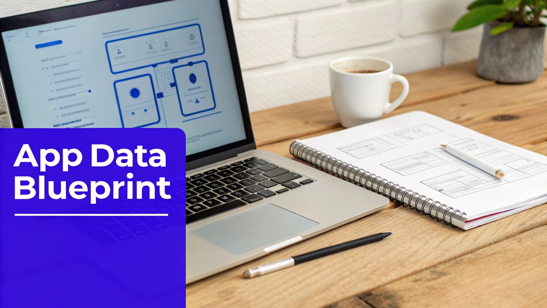 A laptop displays an app data blueprint, alongside a notebook with sketches, coffee, and pens on a wooden desk.