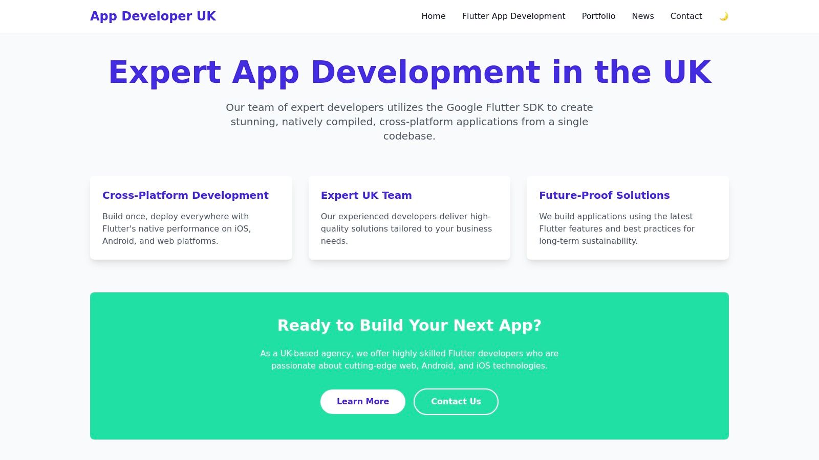 A screenshot of the App Developer UK website homepage, showcasing their focus on building apps with Flutter.