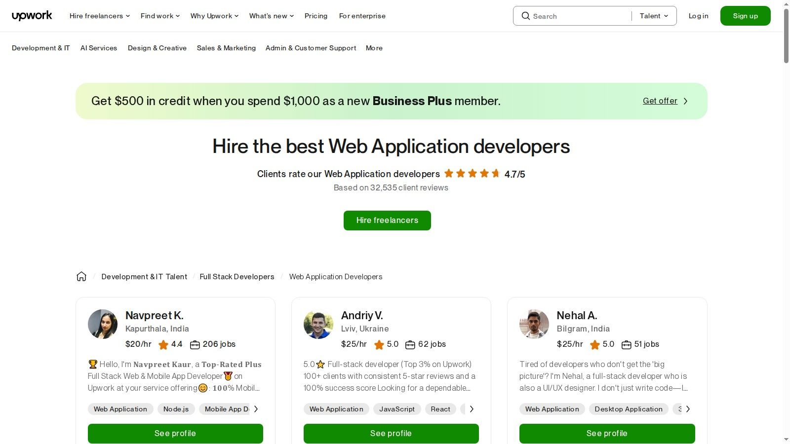 A screenshot of the Upwork website showing profiles of web application developers with their job titles, rates, and skills.