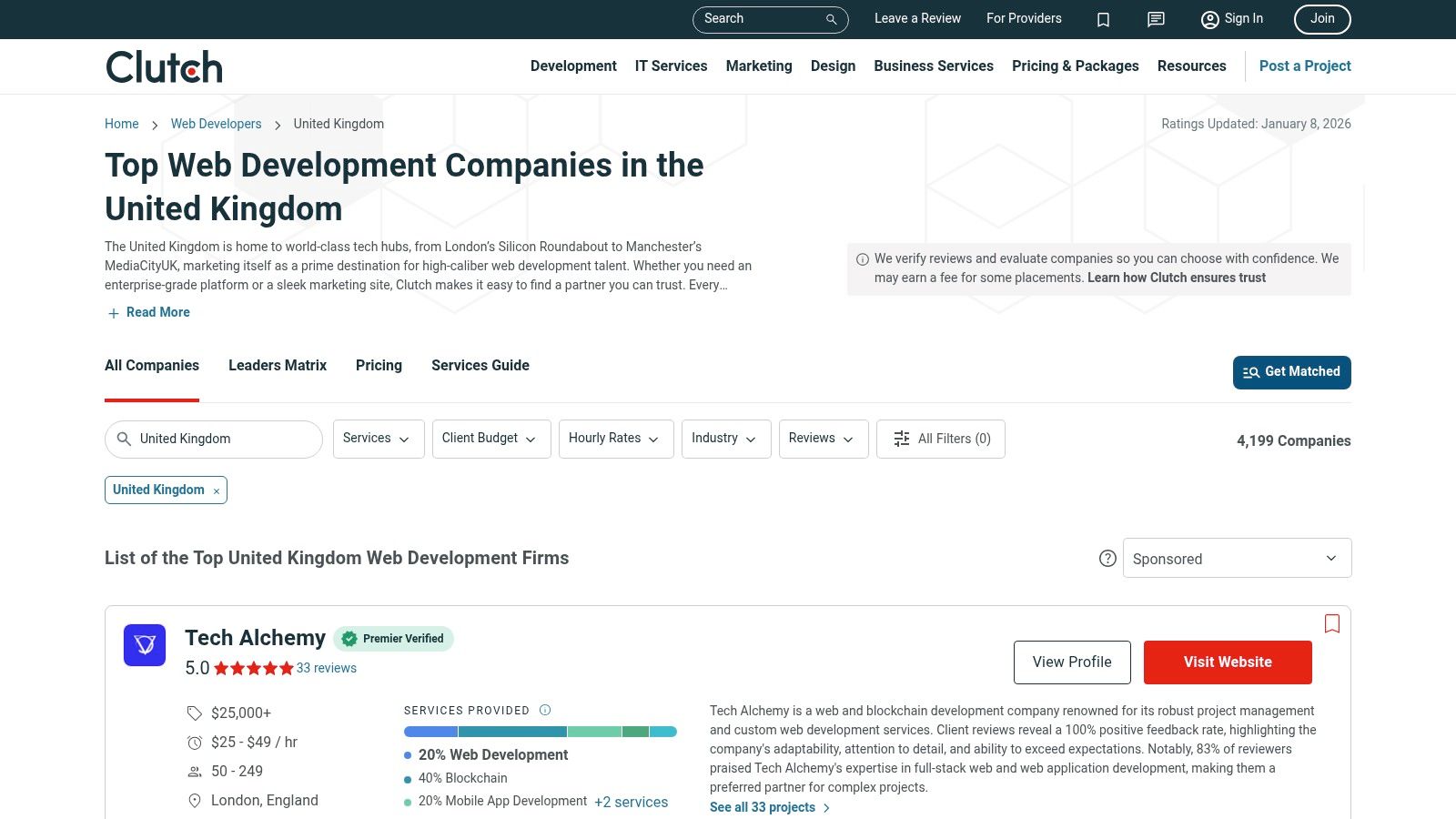 A screenshot of the Clutch website showing a list of web app development companies with their ratings, locations, and project sizes.