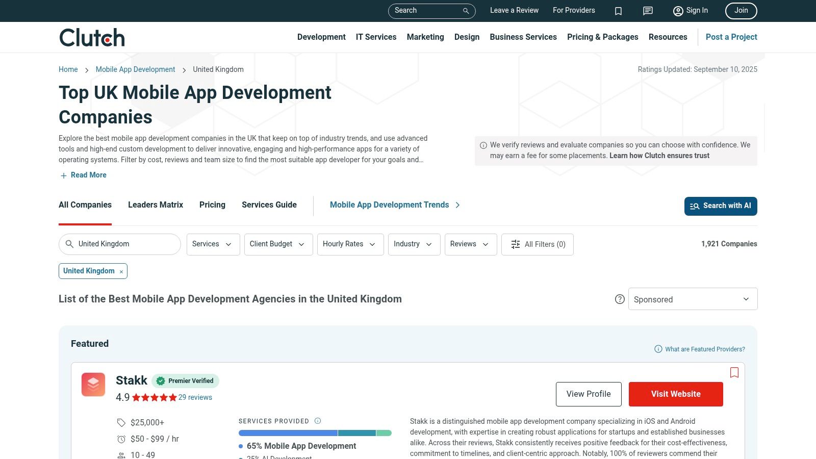 Clutch UK app developer directory interface