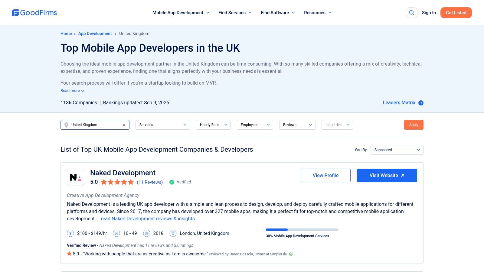 GoodFirms UK app developer directory