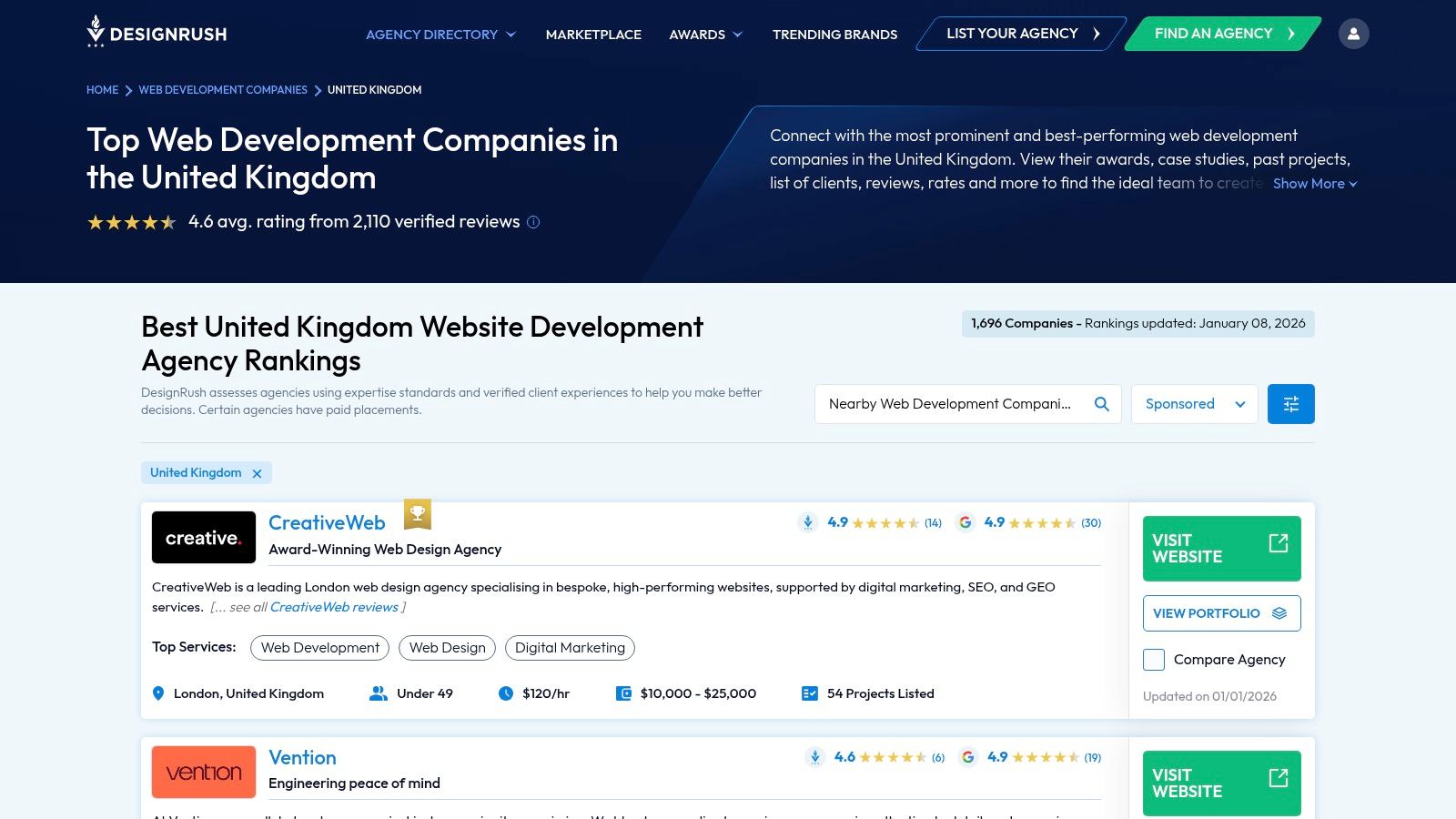 A screenshot of the DesignRush website displaying a curated list of top web development companies in the UK, with details like client reviews, team size, and minimum project size.