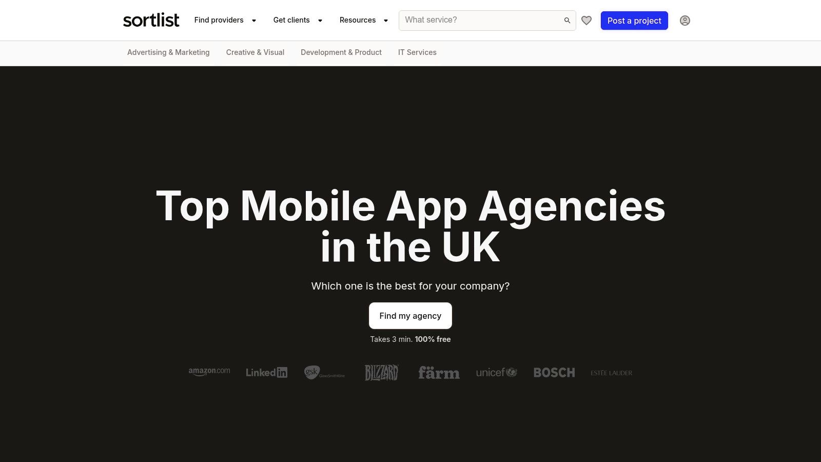 Sortlist UK interface showing app developer listings