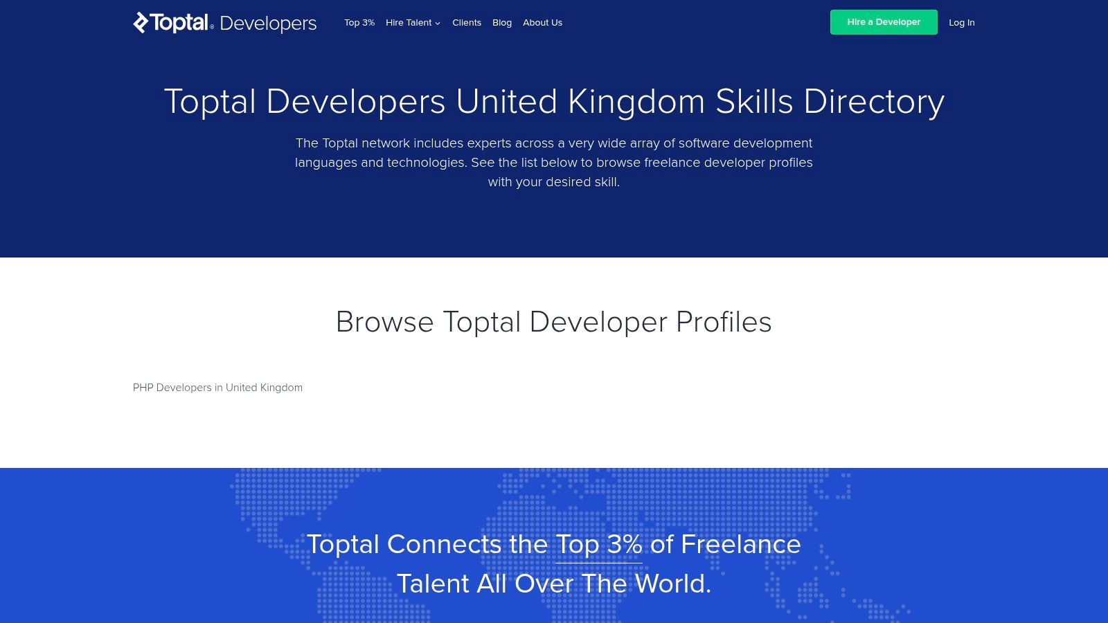 A screenshot of the Toptal website showing a directory of pre-vetted developers with their skills, experience, and availability.