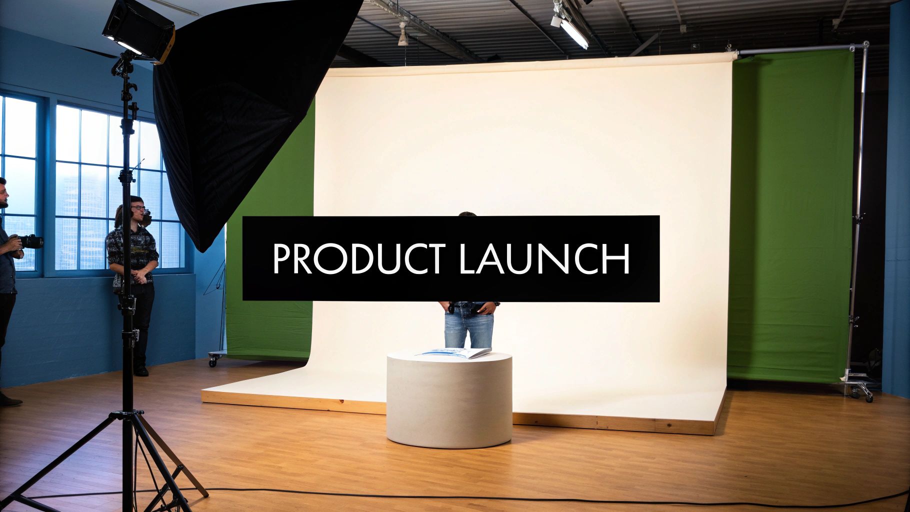 A photo studio setup with two crew members, lighting, a white backdrop, and a "PRODUCT LAUNCH" overlay.