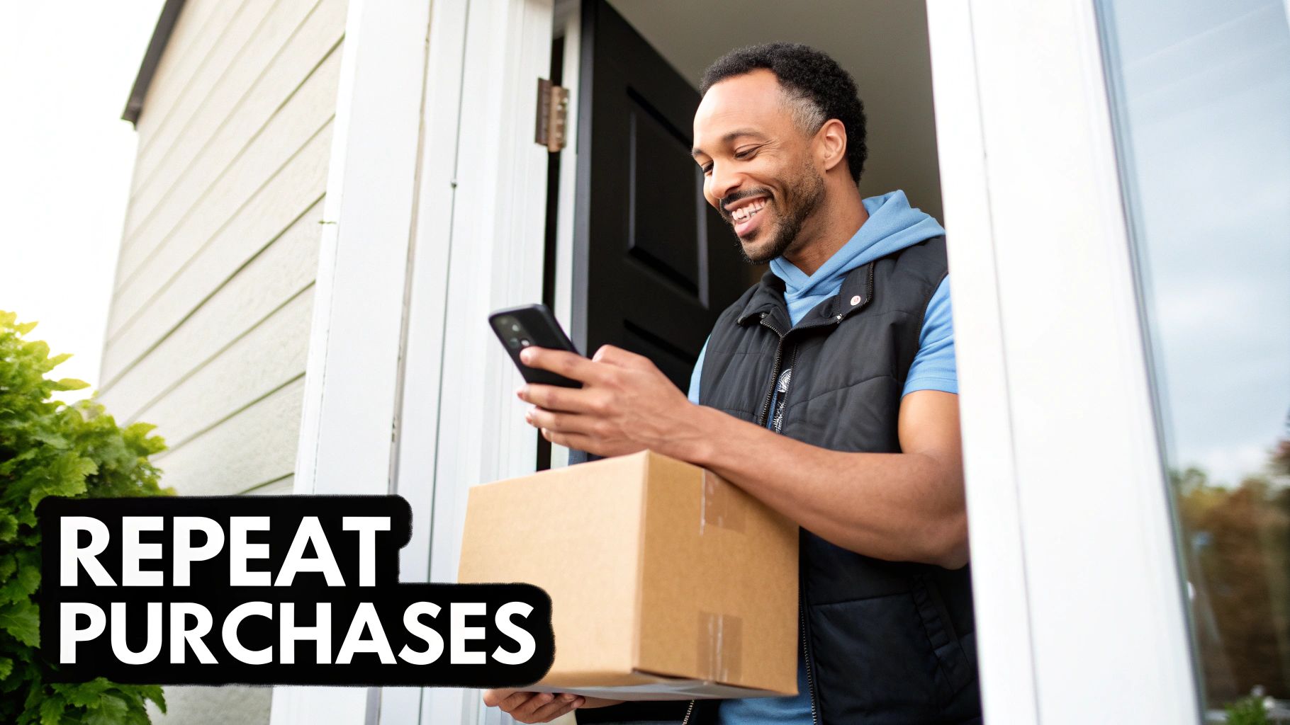 A smiling man holds a package and phone in a doorway, illustrating repeat purchases and customer retention.