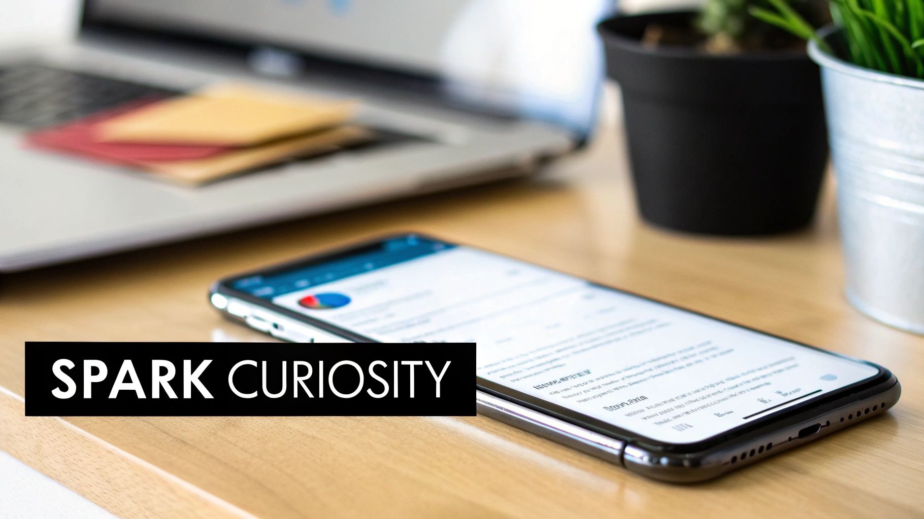 A smartphone displaying business data and a laptop on a wooden desk with plants.