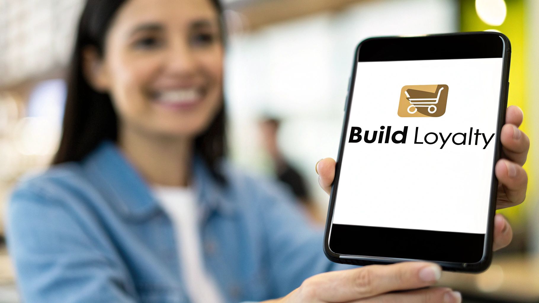 A smiling woman holds a smartphone displaying the 'Build Loyalty' app with a shopping cart icon.