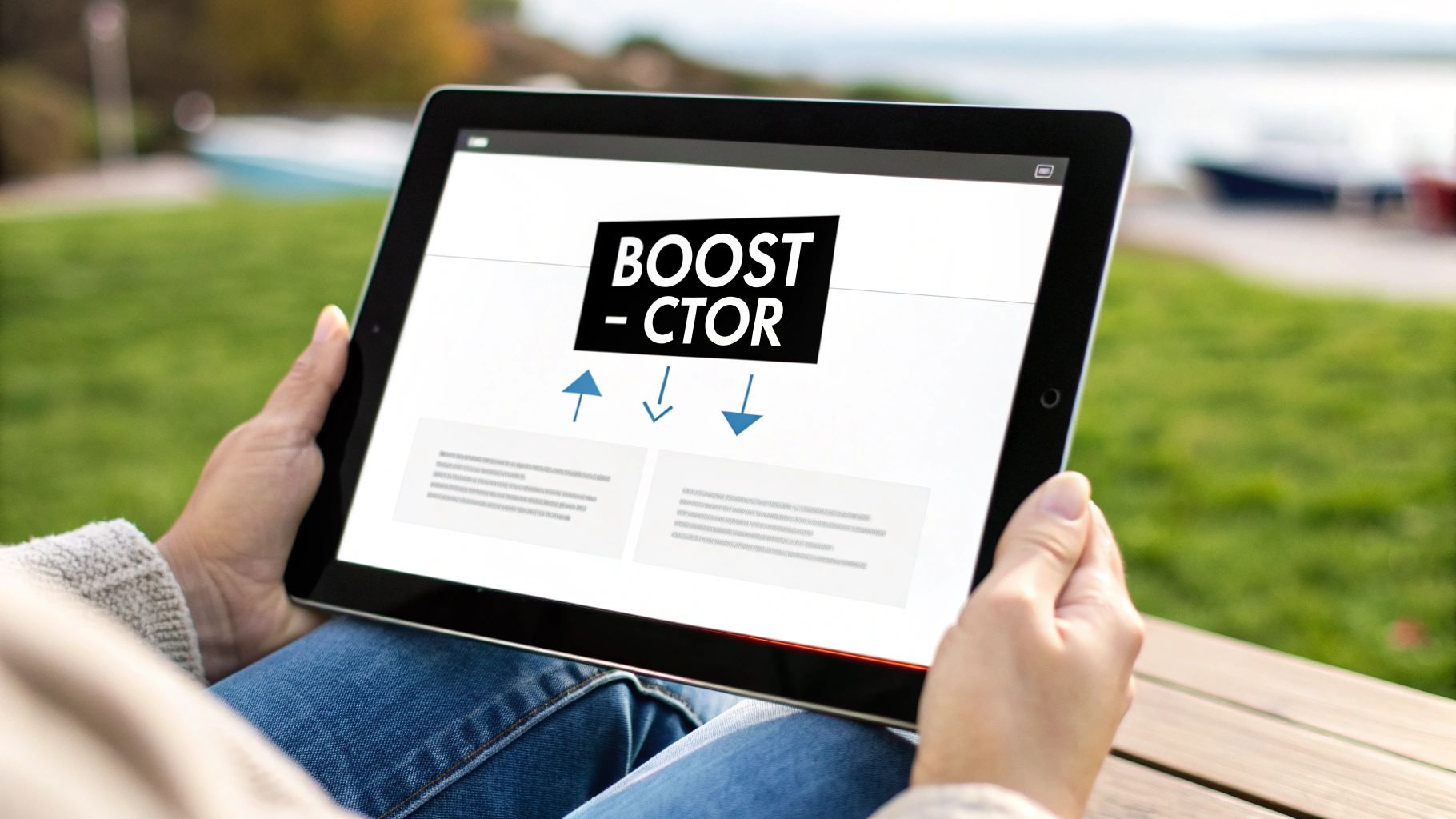 A person holds a tablet outdoors showing a screen with 'BOOST -CTOR' and arrows.