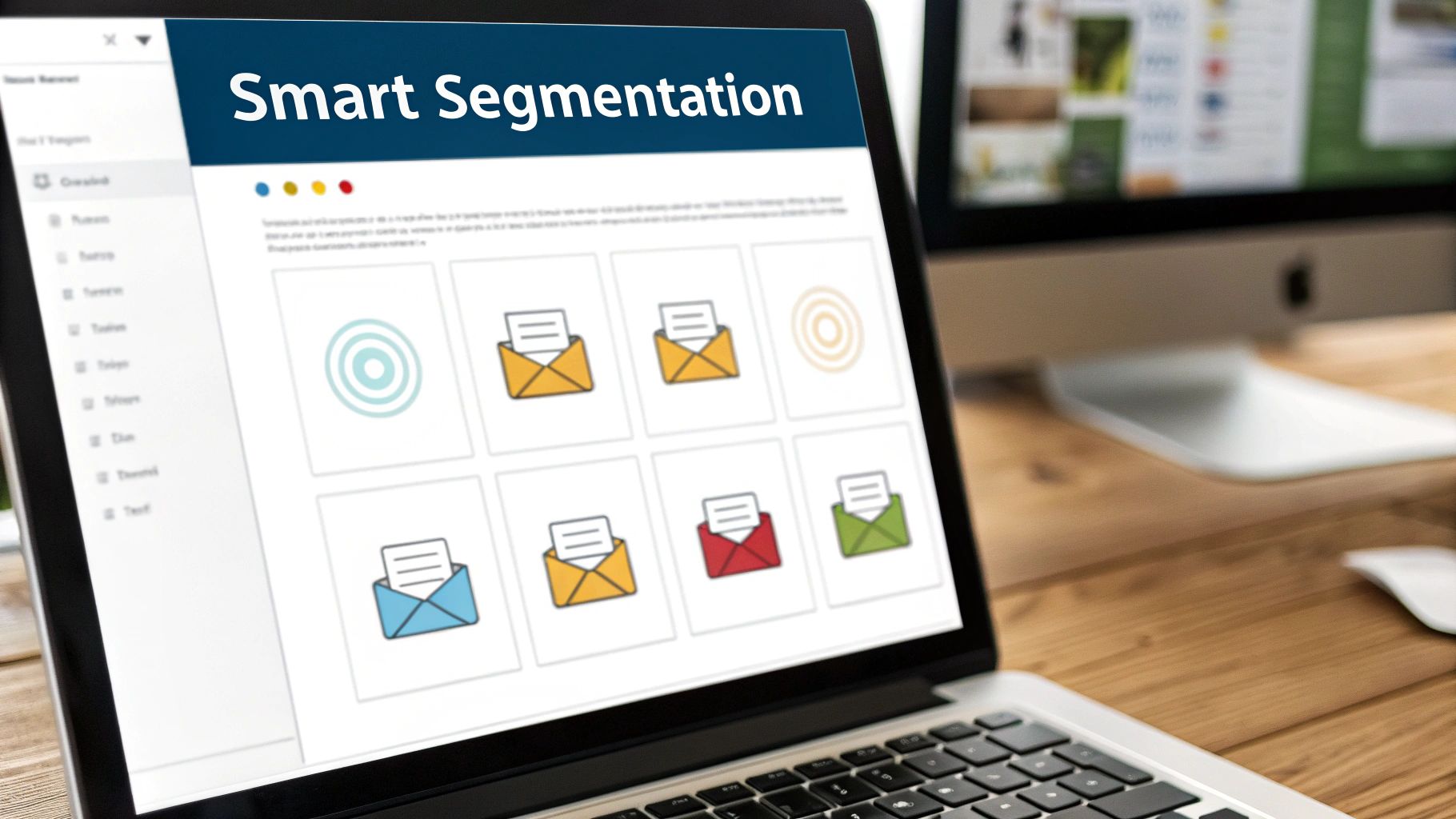 A laptop displays 'Smart Segmentation' with various email and target icons on a wooden desk.