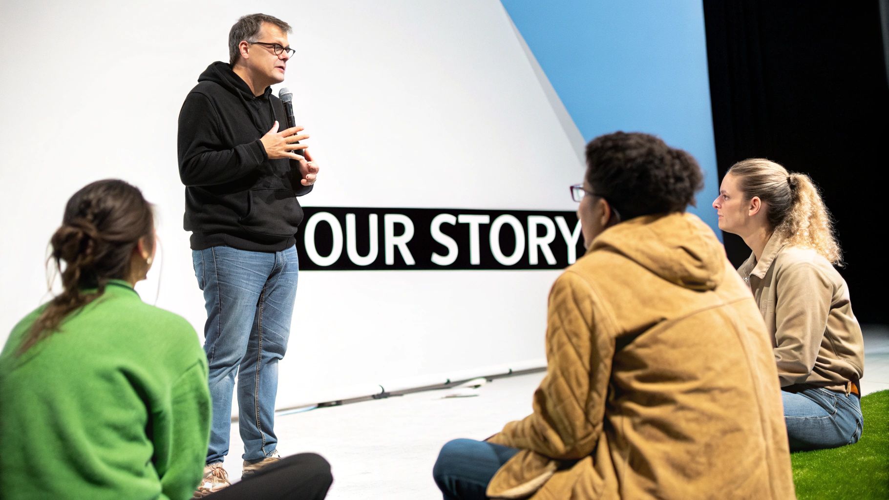 A speaker in a black hoodie addresses an audience sitting on the floor, with &#39;OUR STORY&#39; displayed.