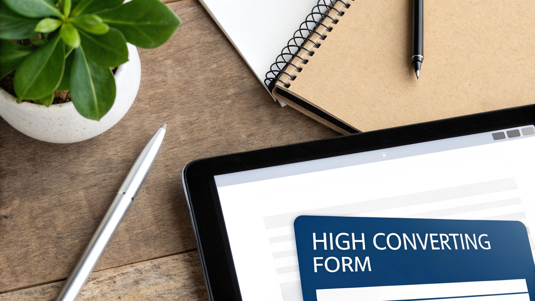 Overhead view of a tablet displaying 'High Converting Form' on a desk with a notebook, pens, and plant.