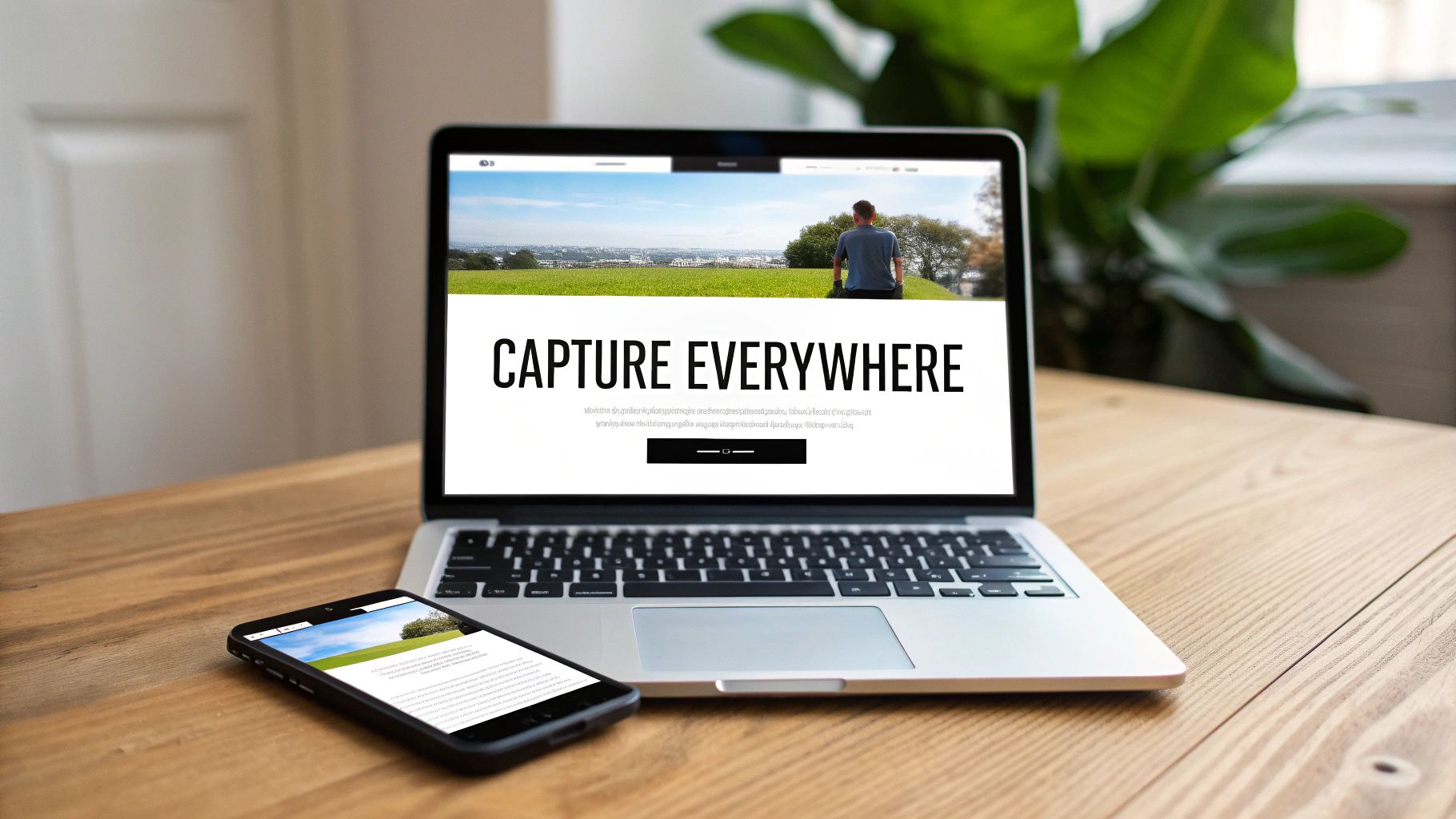 A silver laptop and a black smartphone on a wooden desk, both showing a website with 'CAPTURE EVERYWHERE' text and a scenic landscape.