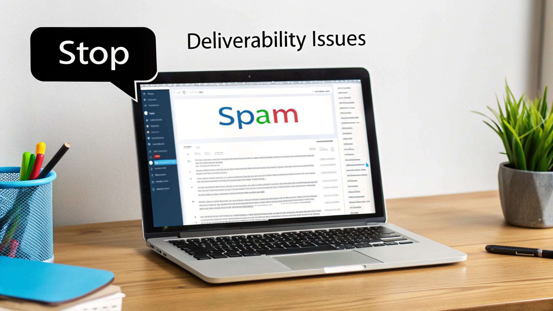 A laptop screen displays 'Spam' with a 'Stop' speech bubble and text 'Deliverability Issues' above, on a wooden desk.