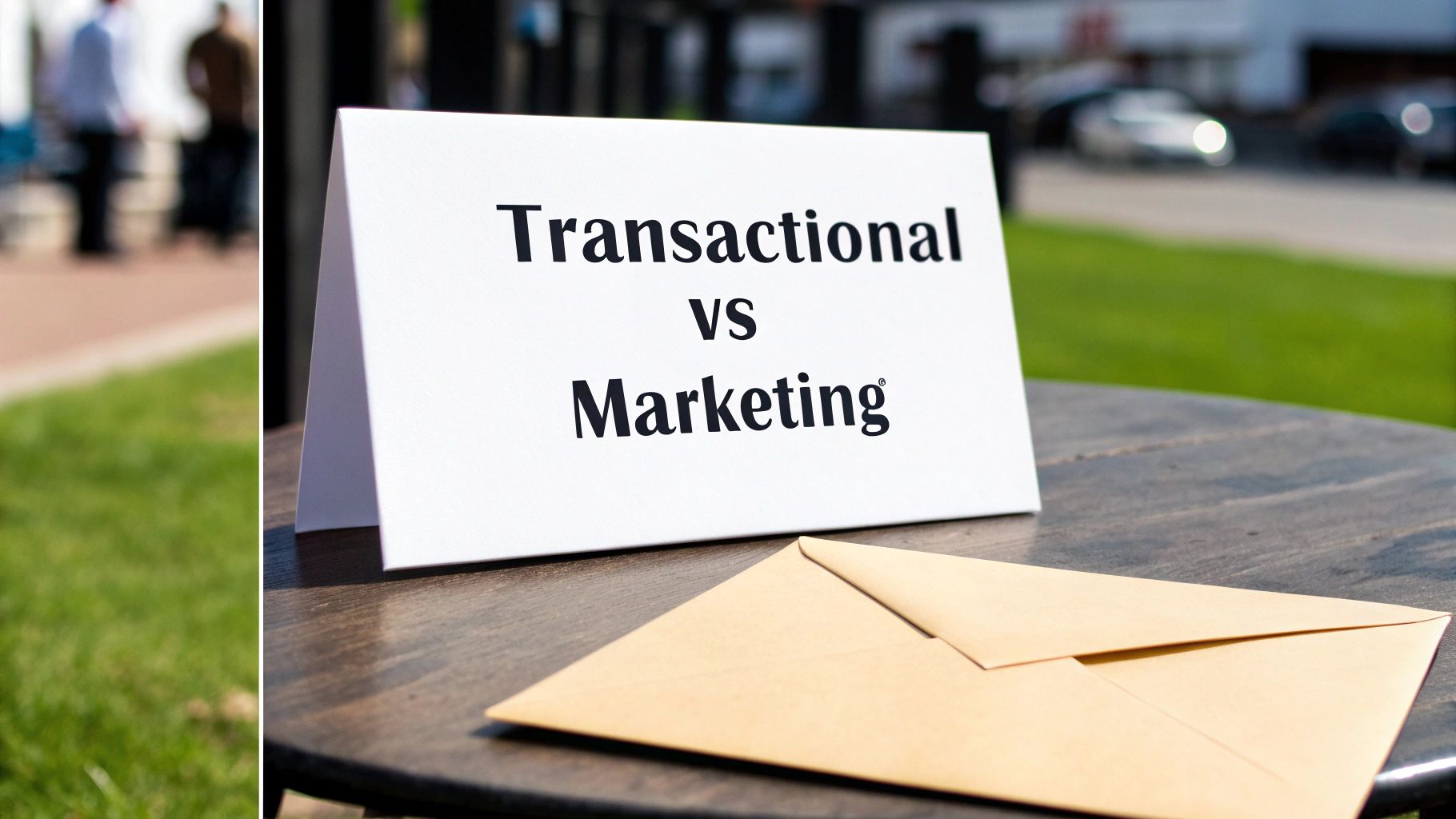 A white card displays &#39;Transactional VS Marketing&#39; on a table, with a brown envelope.