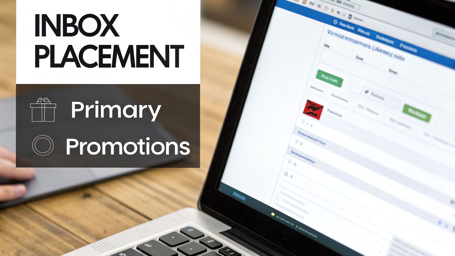 Laptop screen displaying 'INBOX PLACEMENT' options: 'Primary' with a gift icon, and 'Promotions'.