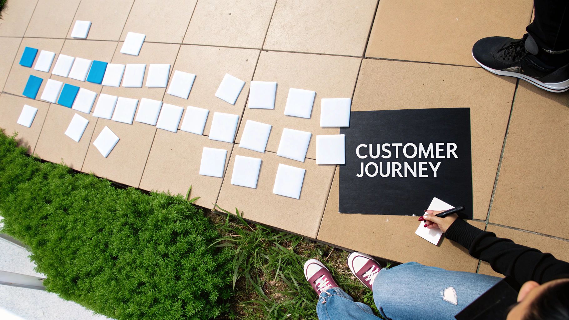 Overhead view of a person planning a customer journey with white and blue tiles on the ground.