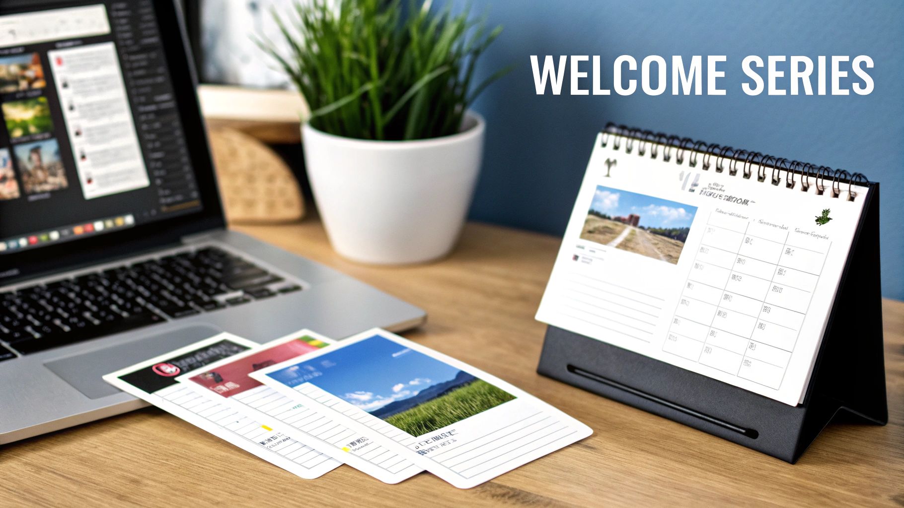 A professional workspace featuring a laptop, desk calendar, green plant, and printed cards on a wooden table.