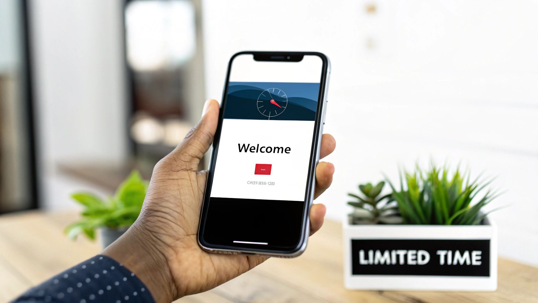 A hand holds a smartphone displaying a 'Welcome' screen with a timer, beside a 'Limited Time' plant pot.