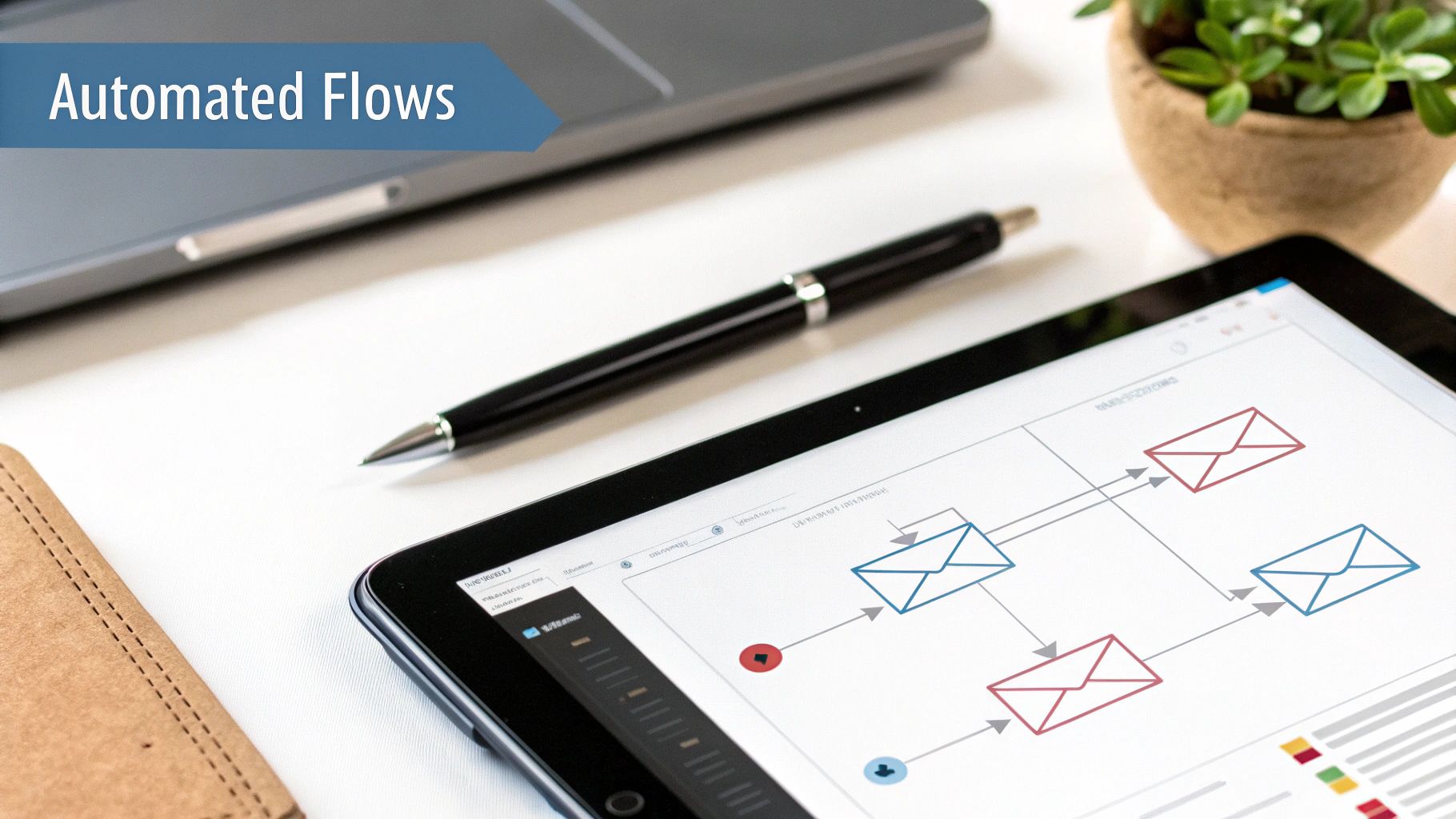 A tablet displays automated email marketing flows with envelopes and arrows, beside a pen and laptop.