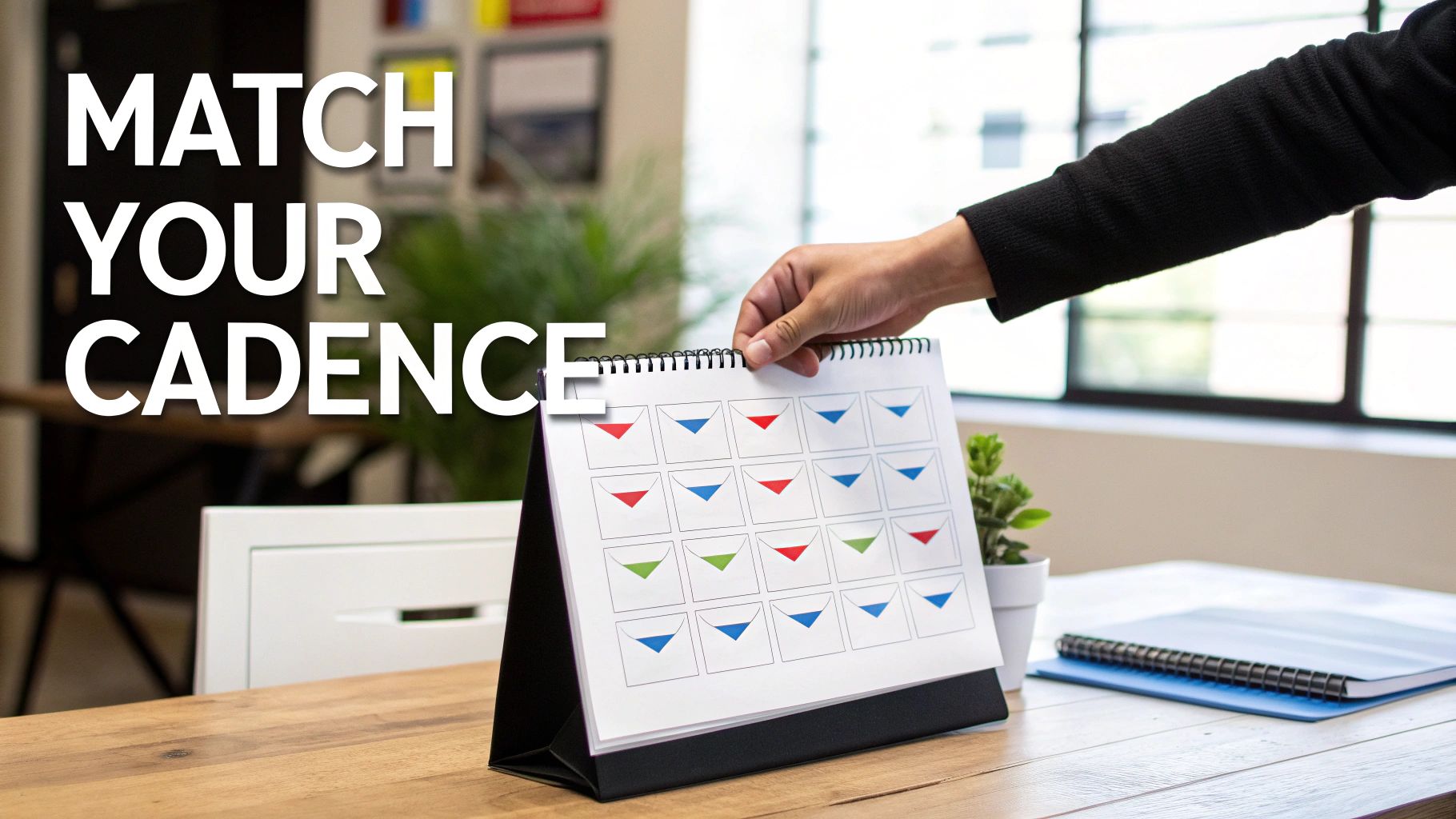 A hand turns a page on a desk calendar with colorful envelope icons, next to 'MATCH YOUR CADENCE' text.