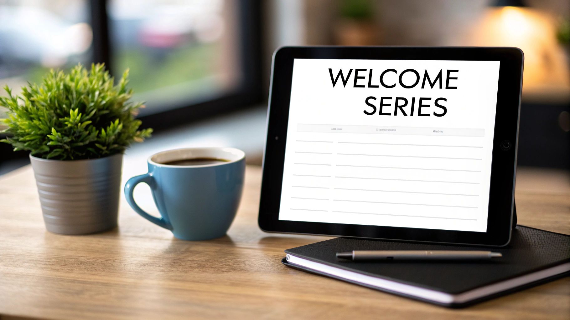 A tablet displaying 'WELCOME SERIES' on a desk with a coffee mug, plant, and notebook.
