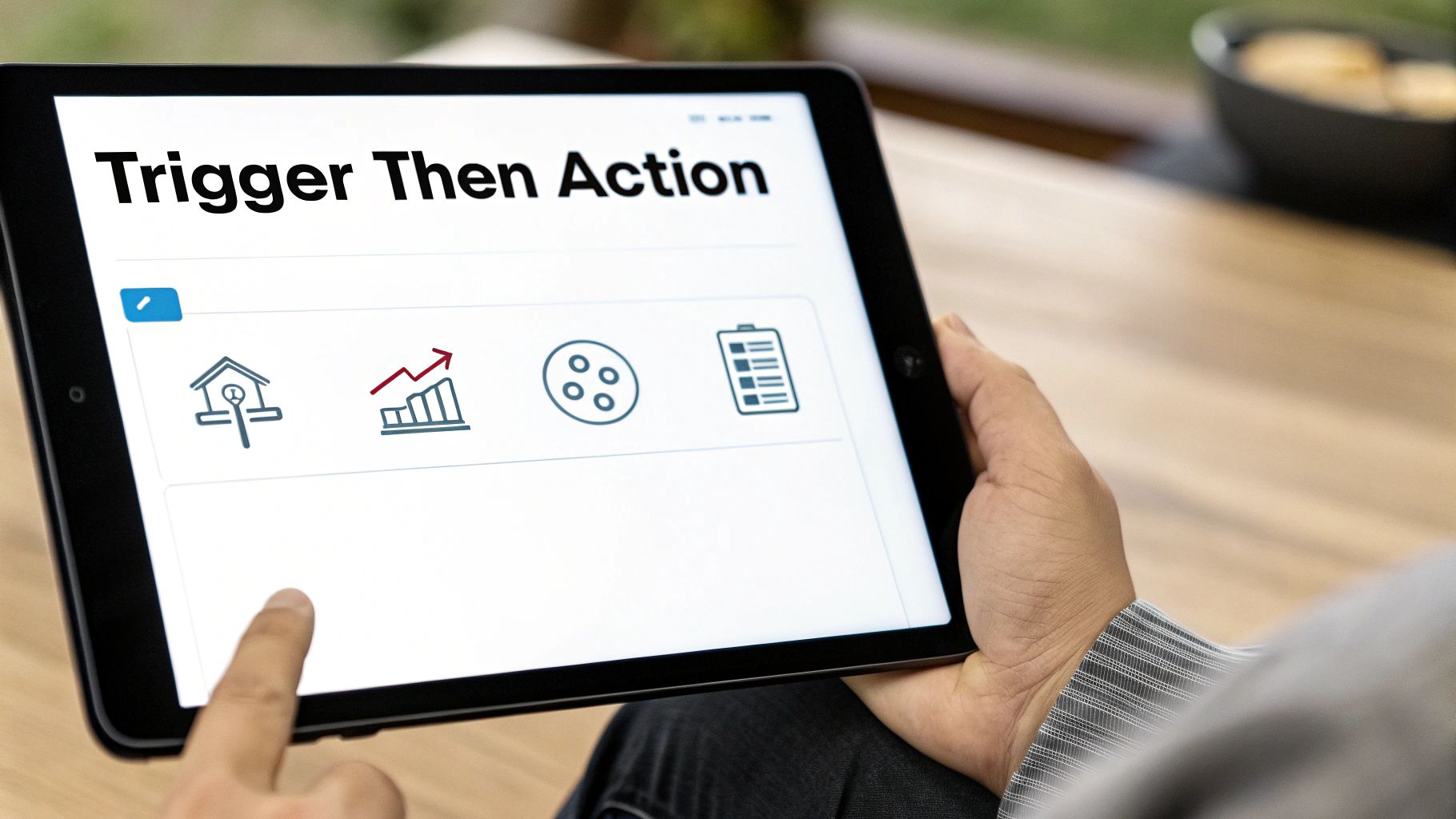 A person uses a tablet showing a "Trigger Then Action" workflow application with various icons.