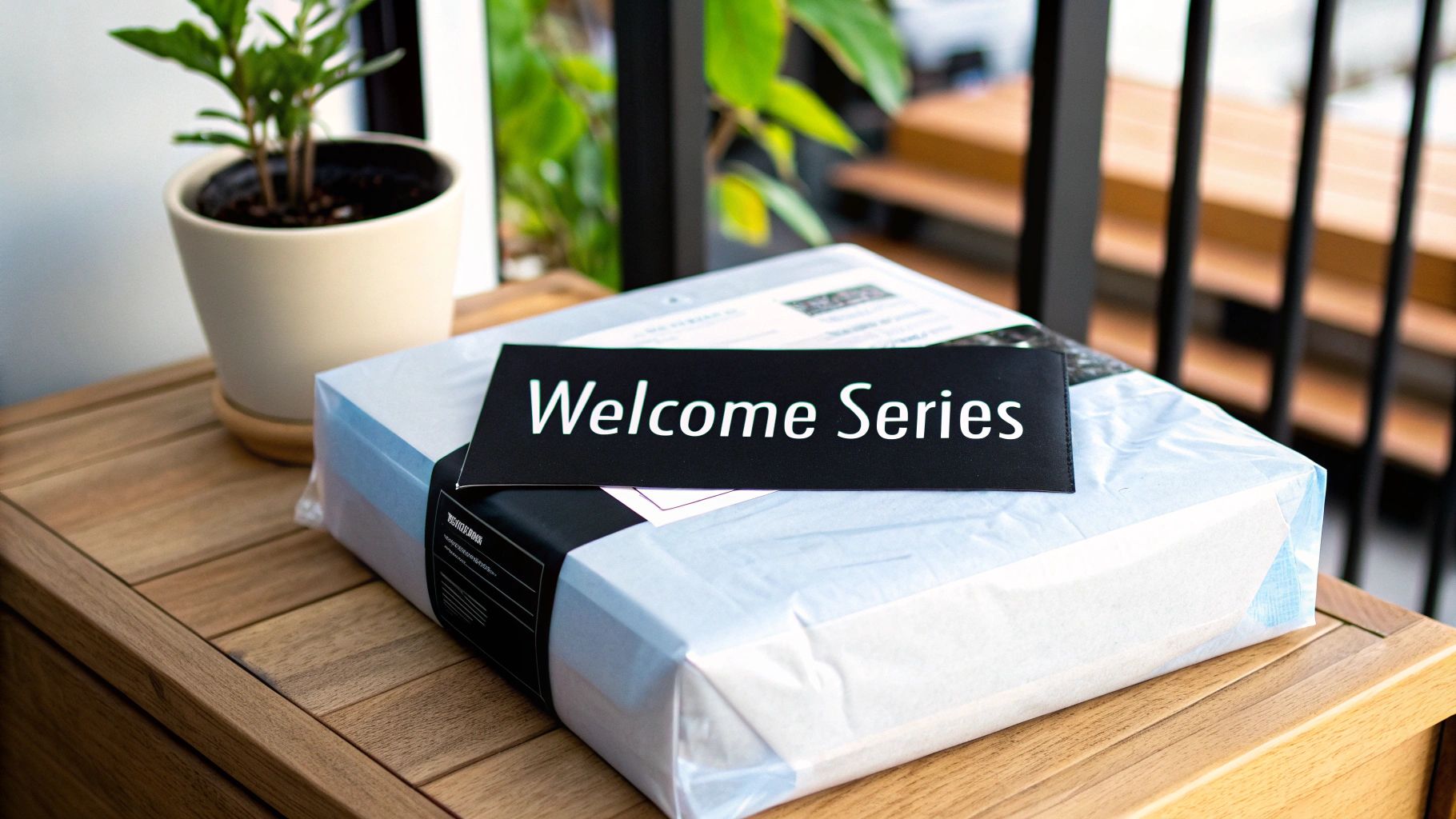 A "Welcome Series" package sits on a wooden table next to a small green plant.