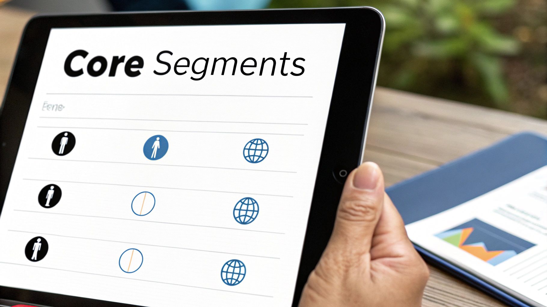 A person holds a tablet displaying 'Core Segments' and various data segmentation icons.
