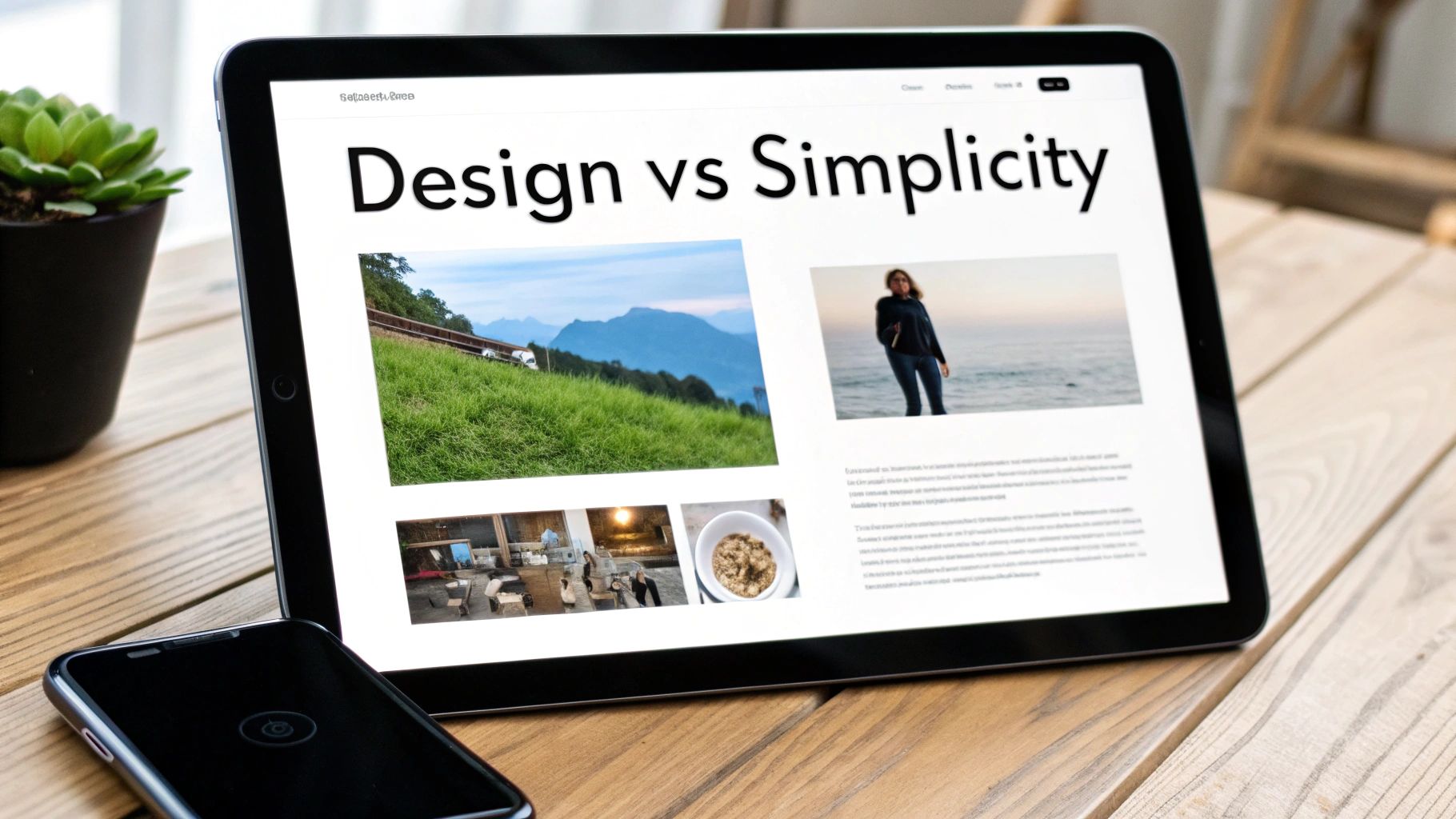 A tablet displaying a 'Design vs Simplicity' webpage with nature and lifestyle images, beside a smartphone on a wooden table.