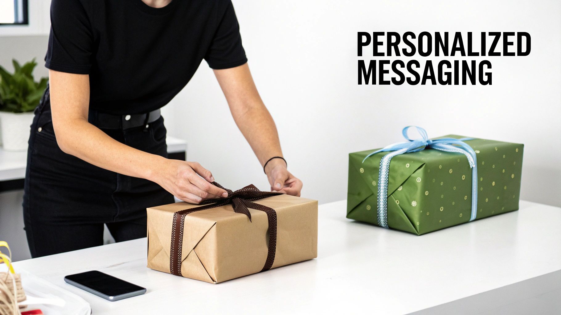A person in a black shirt wraps a brown gift box with a ribbon on a white table, next to a green gift.