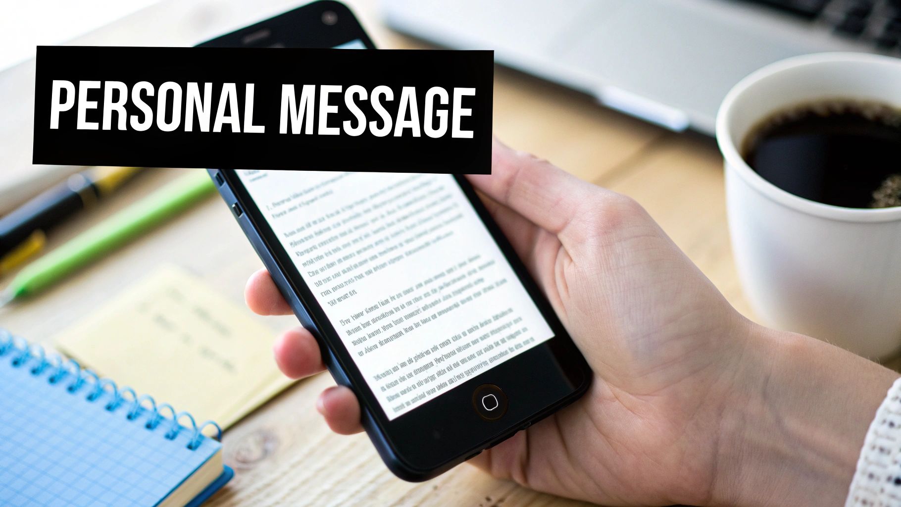 A person's hand holds a smartphone displaying a 'PERSONAL MESSAGE' banner, surrounded by work items.