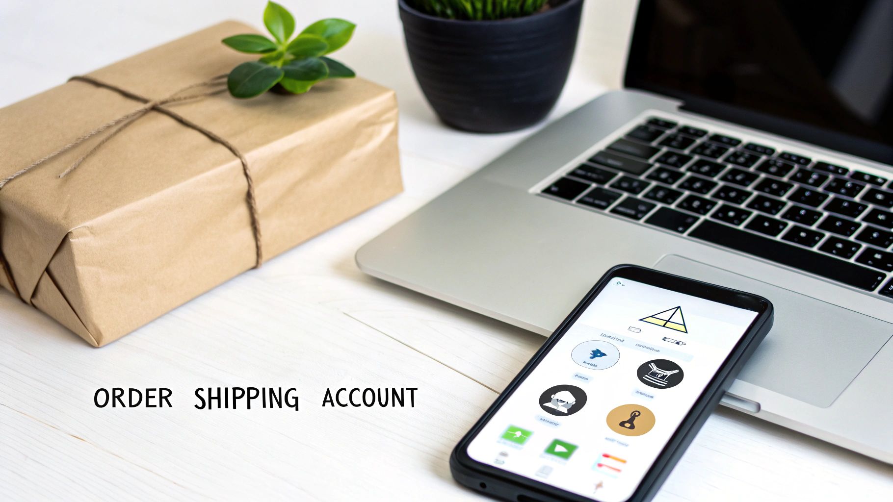 A brown wrapped package, laptop, and smartphone on a white desk, representing online ordering and shipping.