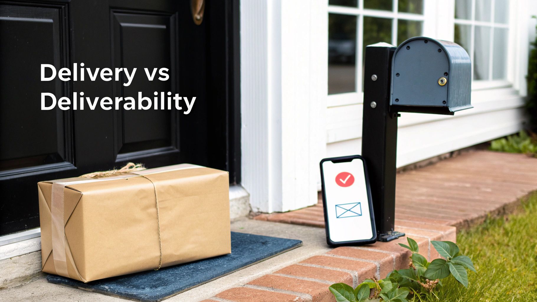 A package by a front door, a smartphone with email icons, and a mailbox, depicting delivery and deliverability concepts.