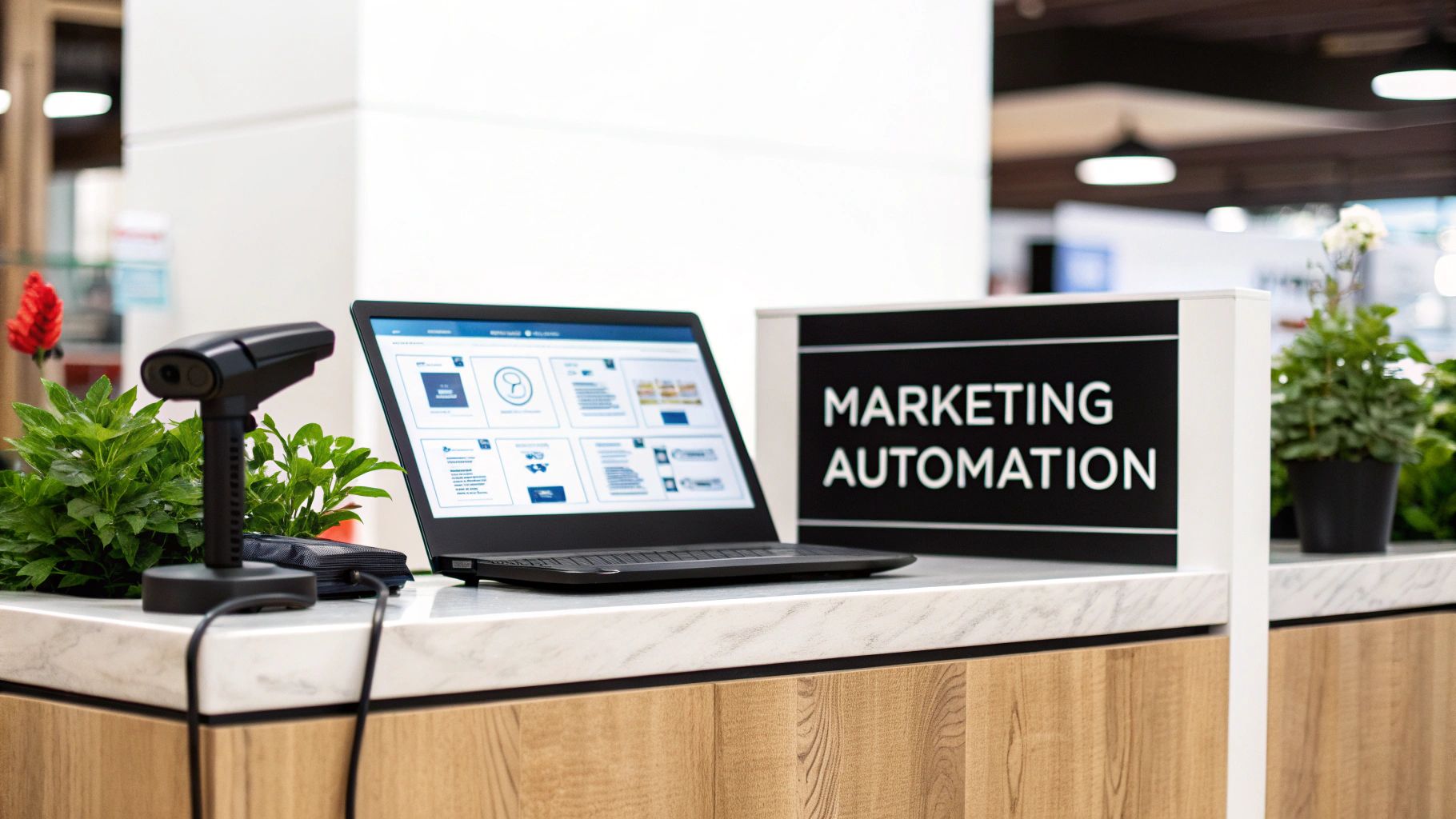 A laptop showing an automation dashboard, a barcode scanner, and a 'MARKETING AUTOMATION' sign.